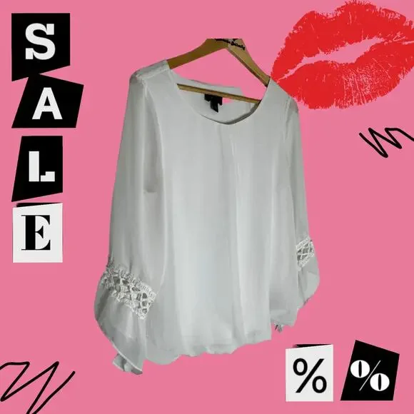 Women's AB Studio White Boho Chic Bubble hem Bell Sleeve Top L - Picture 9 of 13